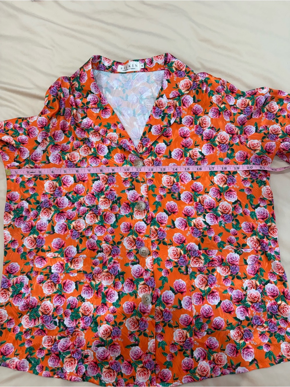 RARE Washable Silk Floral Pajama Set Orange Pink Purple Roses Cottagecore luxury - Picture 4 of 9
